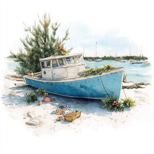 May include: Watercolor painting of a weathered blue and white boat on a sandy shore, decorated with greenery and red berries. A tall evergreen tree stands behind the boat, with sailboats in the background. The scene evokes a coastal holiday theme.