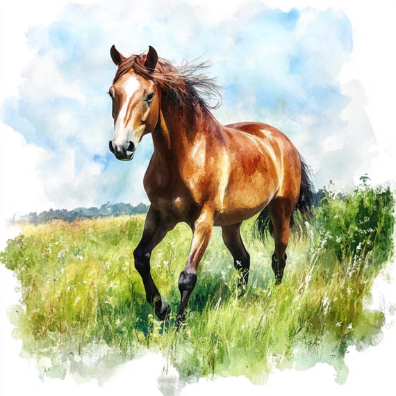 10枚の印刷可能な春の馬、水彩画の馬、牧草地の風景、馬のクリップ