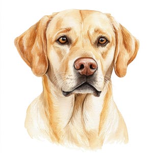 May include: A watercolour painting of a golden Labrador Retriever. The dog has a light brown coat, brown eyes, and a pink nose. The image is a close-up of the dog's head and shoulders, set against a white background.