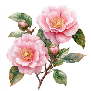 10 Printable Camellia watercolor, Pink Camellia art, watercolor pink flower, pink botanical art, Pink Camellia  Clip Art, Pink flower design