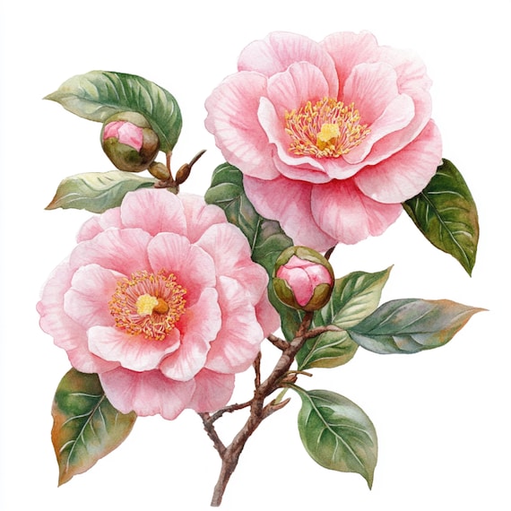 10 Printable Camellia watercolor, Pink Camellia art, watercolor pink flower, pink botanical art, Pink Camellia  Clip Art, Pink flower design