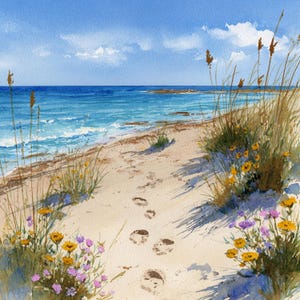 May include: Watercolor painting of a sandy beach path leading to the ocean. The path has footprints and is lined with yellow and purple wildflowers, tall grasses, and sea oats. The sky is blue with white clouds, and the ocean is a deep blue.