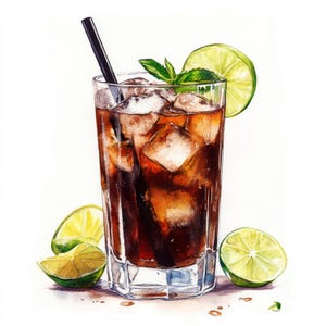 10 immagini stampabili di whisky e soda, acquerelli, cocktail Cuba Libre, uso commerciale, design su carta, cocktail di whisky