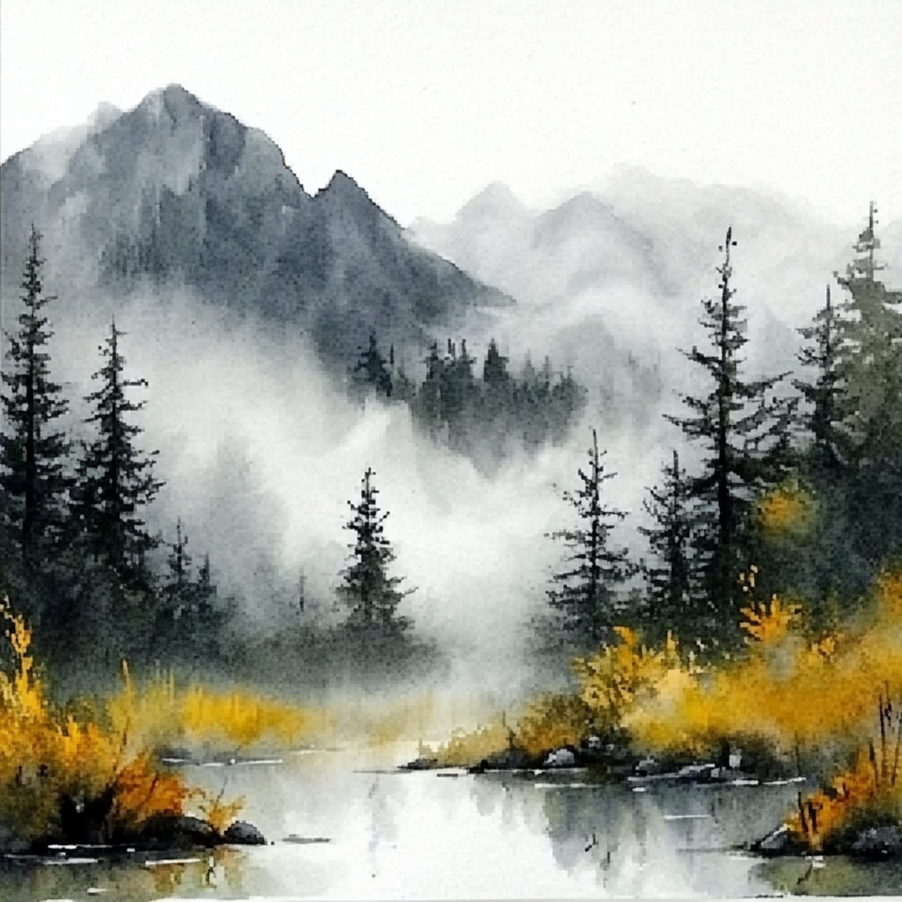 10 印刷可能な霧の山、秋の森のプリント、山の水彩画、秋の風景、商業