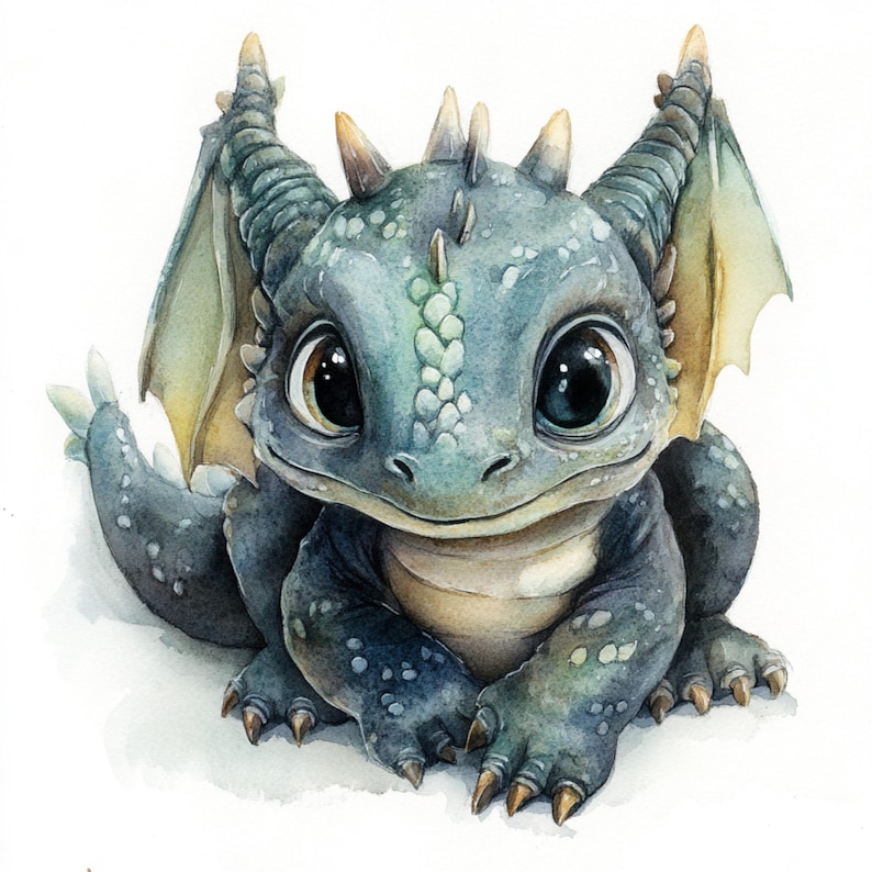 May include: A watercolor painting of a small, blue and green dragon with large eyes. The dragon is sitting on its hind legs with its front paws crossed in front of it. It has a small, pointed snout and large, rounded ears.