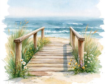 12 images imprimables de promenades en bord de mer, paysage côtier à l'aquarelle, usage commercial, promenade sur la plage, promenade avec fleurs sauvages sur la plage