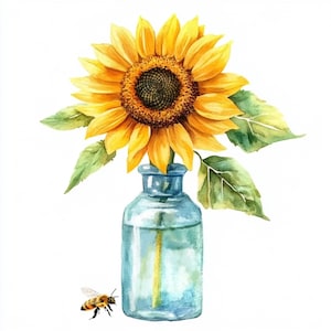 May include: A watercolour painting of a sunflower in a blue glass vase. The sunflower has bright yellow petals and a dark brown centre. Green leaves and a honeybee are also present, creating a natural and cheerful scene.
