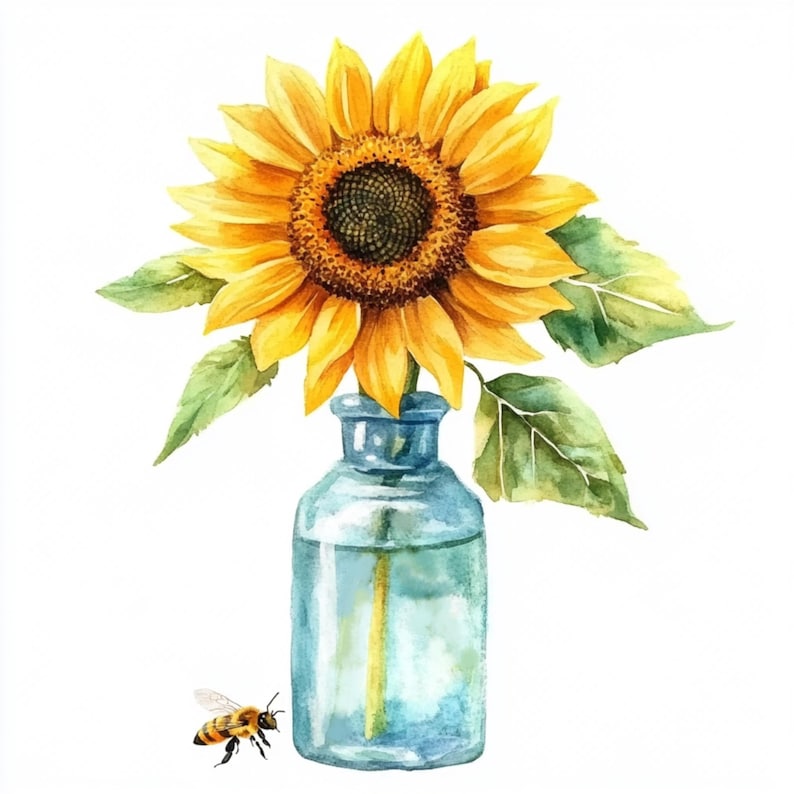 May include: A watercolour painting of a sunflower in a blue glass vase. The sunflower has bright yellow petals and a dark brown centre. Green leaves and a honeybee are also present, creating a natural and cheerful scene.