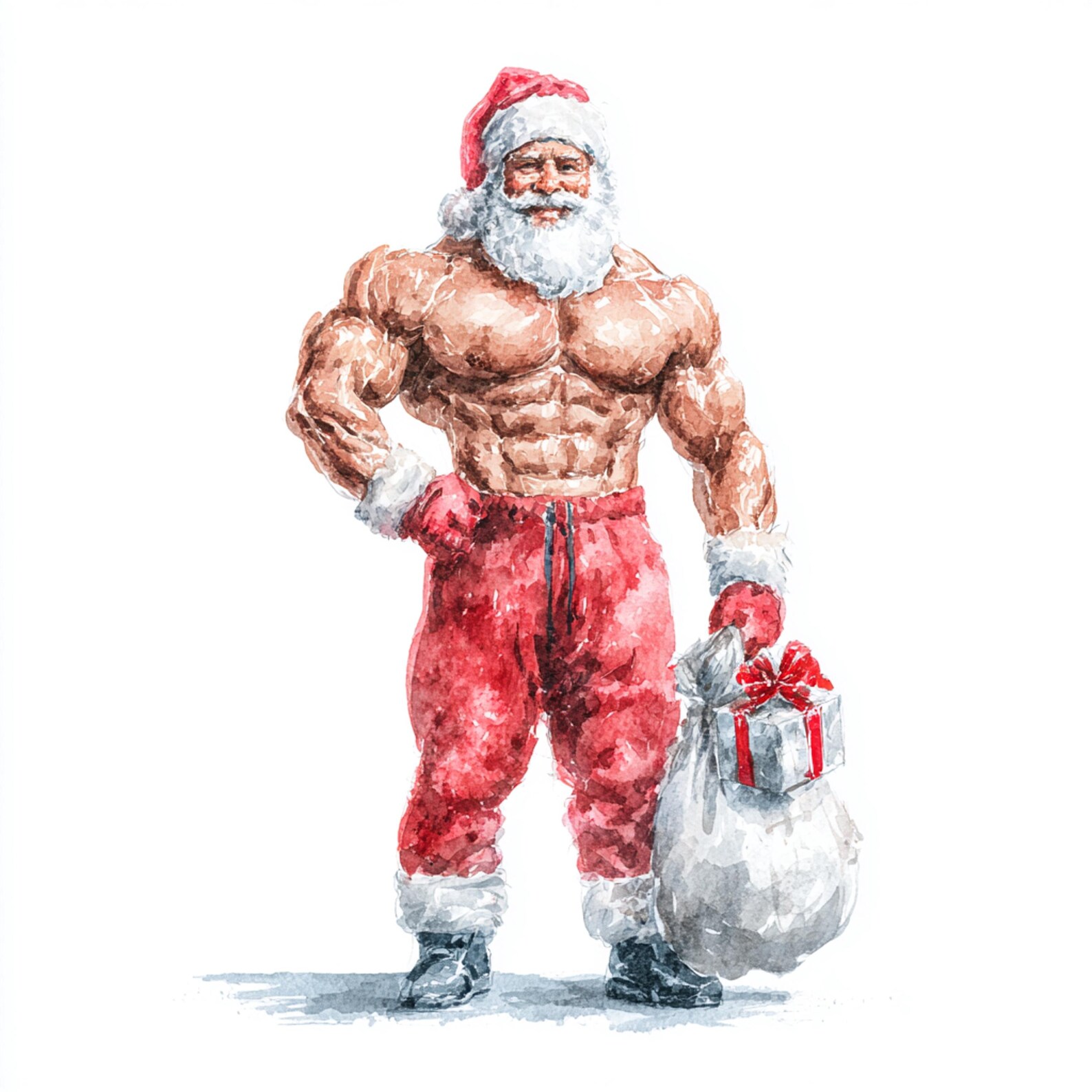 12 Printable Muscle Santa, Watercolor Santa Clipart, Commercial Use ...