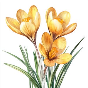Peut inclure: Illustration à l'aquarelle de trois fleurs de crocus jaunes avec des feuilles rayées vertes et blanches. Les fleurs ont une apparence détaillée et réaliste avec des ombres douces et des pétales délicats. L'image est sur fond blanc.