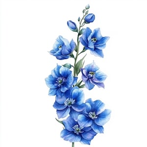 10 afdrukbare delphinium-bloemdecor, aquarelafbeeldingen, delphinium-botanische illustraties, commercieel gebruik, papierblauw bloemontwerp