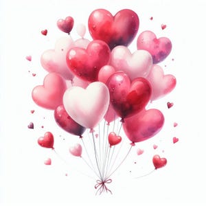 10 Printable Pink Heart Balloons, Watercolor Valentines Day Party Ballons, Celebration decor, DIY gift card, Paper design, Create gift card