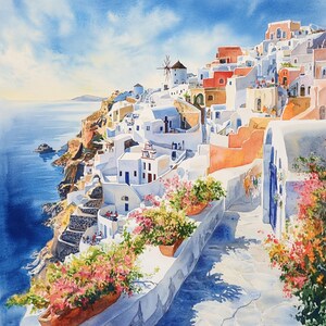 May include: A watercolor painting of a whitewashed village on a cliffside overlooking a blue sea. The village is built on a series of terraces, with white buildings and blue accents. There are flowers in pots along the edges of the terraces.