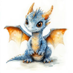 May include: A watercolor painting of a small blue dragon with orange horns and wings. The dragon is sitting on its hind legs with its wings spread out.