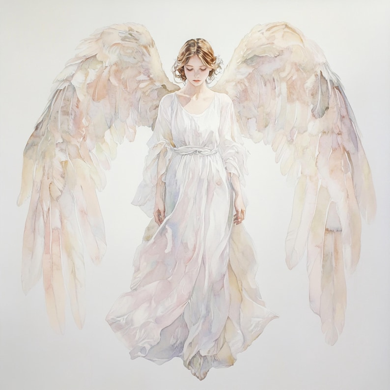May include: A watercolor painting of an angel with large, feathery wings. The angel is wearing a white gown and has long, flowing hair.