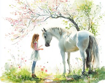 印刷可能な小さな女の子と馬、水彩画の女の子とポニーのアート、水彩画