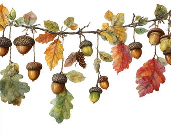 May include: Watercolor illustration of a garland featuring acorns, oak leaves, and colorful fall foliage. The leaves range in color from green to yellow and red. The acorns are brown and green, suspended from a brown branch.