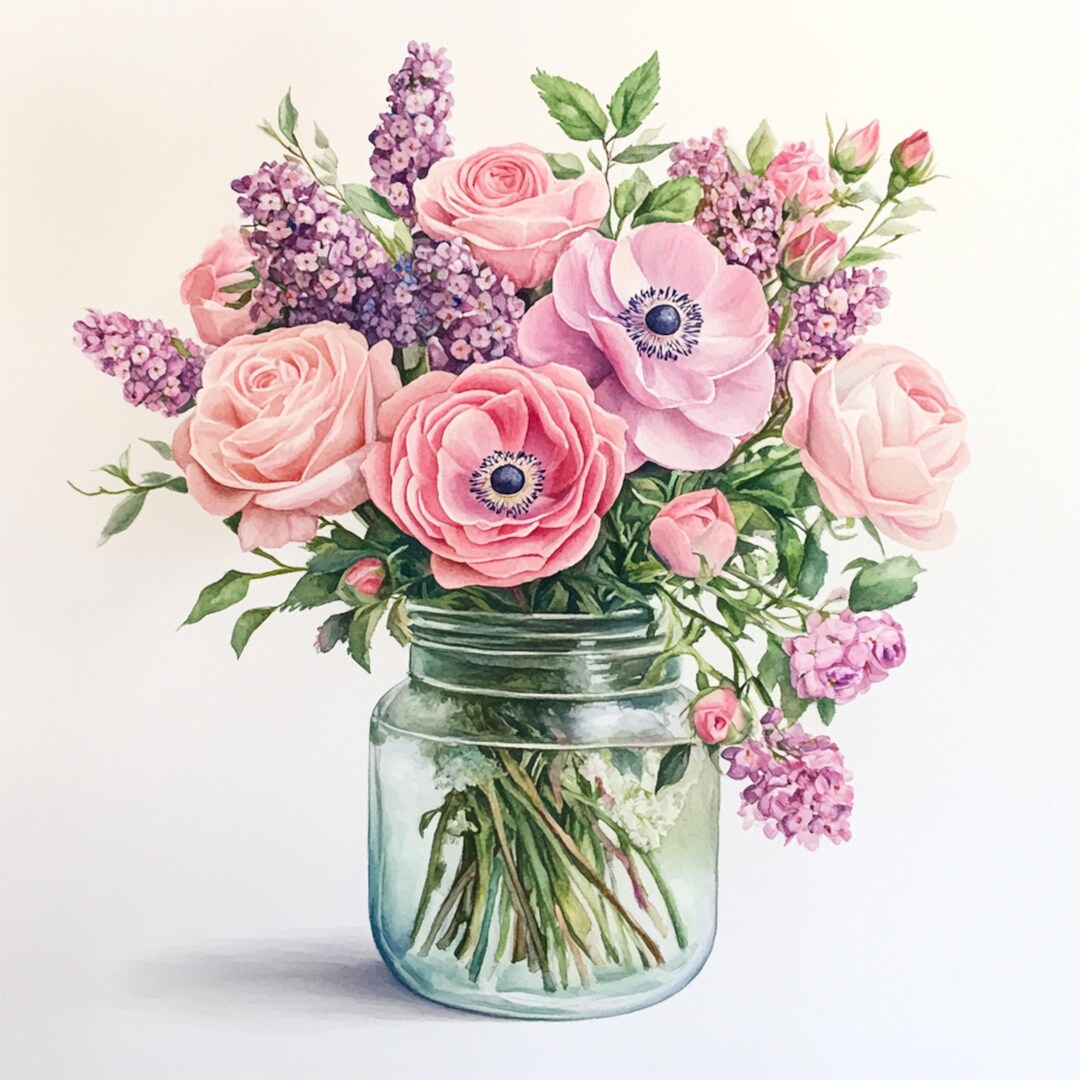 10 Printable Bouquet in Jar, Pink Roses Print, Watercolor Bouquet Clip ...