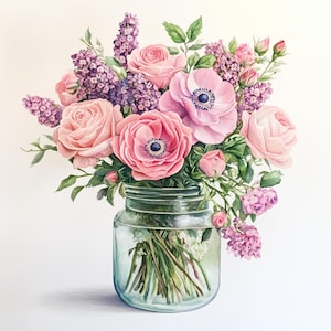 Ramo imprimible en frasco, impresión de rosas rosadas, clip art de ramo de acuarela, tarjeta de regalo de anémona pastel, diseño de papel, flores lilas en frasco