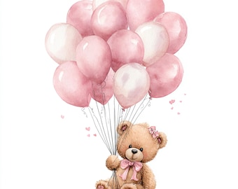 12 Printable pink Teddy Bear Clipart, Watercolor Air Balloons print, pink Baby Shower Invitation, Cute Nursery Illustration
