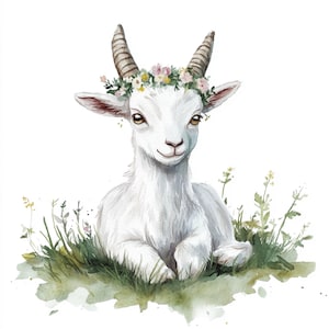 10 capre divertenti stampabili, capretti acquerello, animali domestici, uso commerciale, design della carta, capra da fattoria sull'erba, capra sorridente