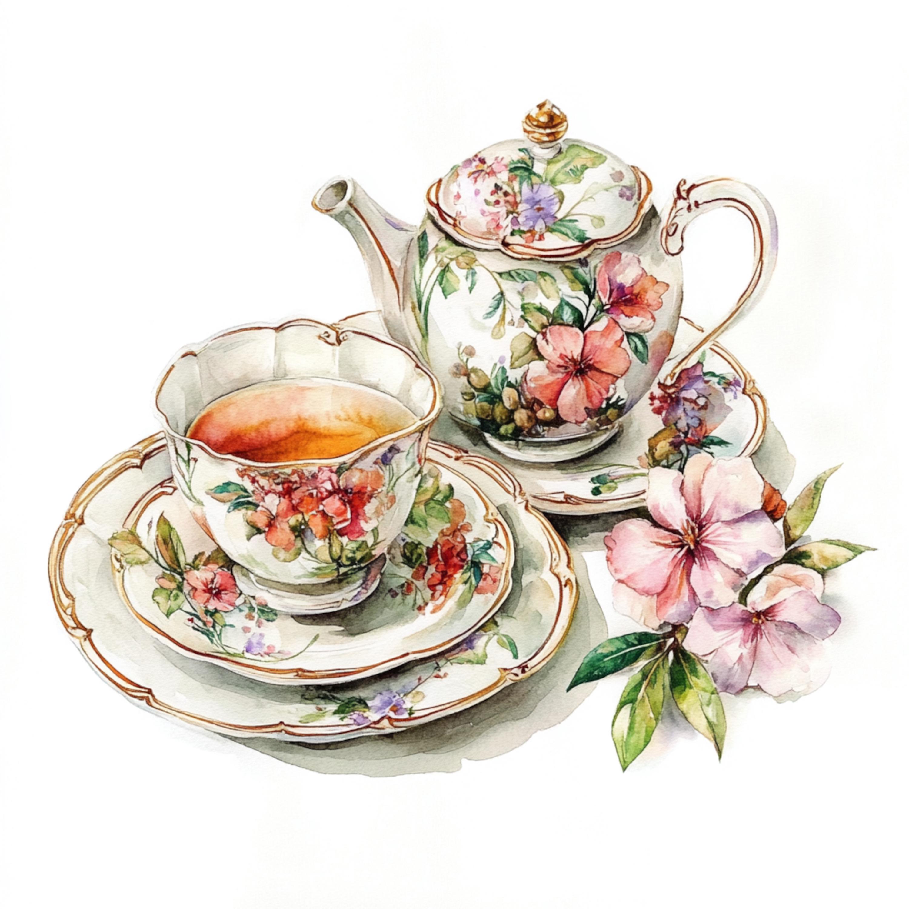 Prinatable Tea Set Printable Tea Set Art, Watercolor Tea Set, Rococo Style Tea Set ...