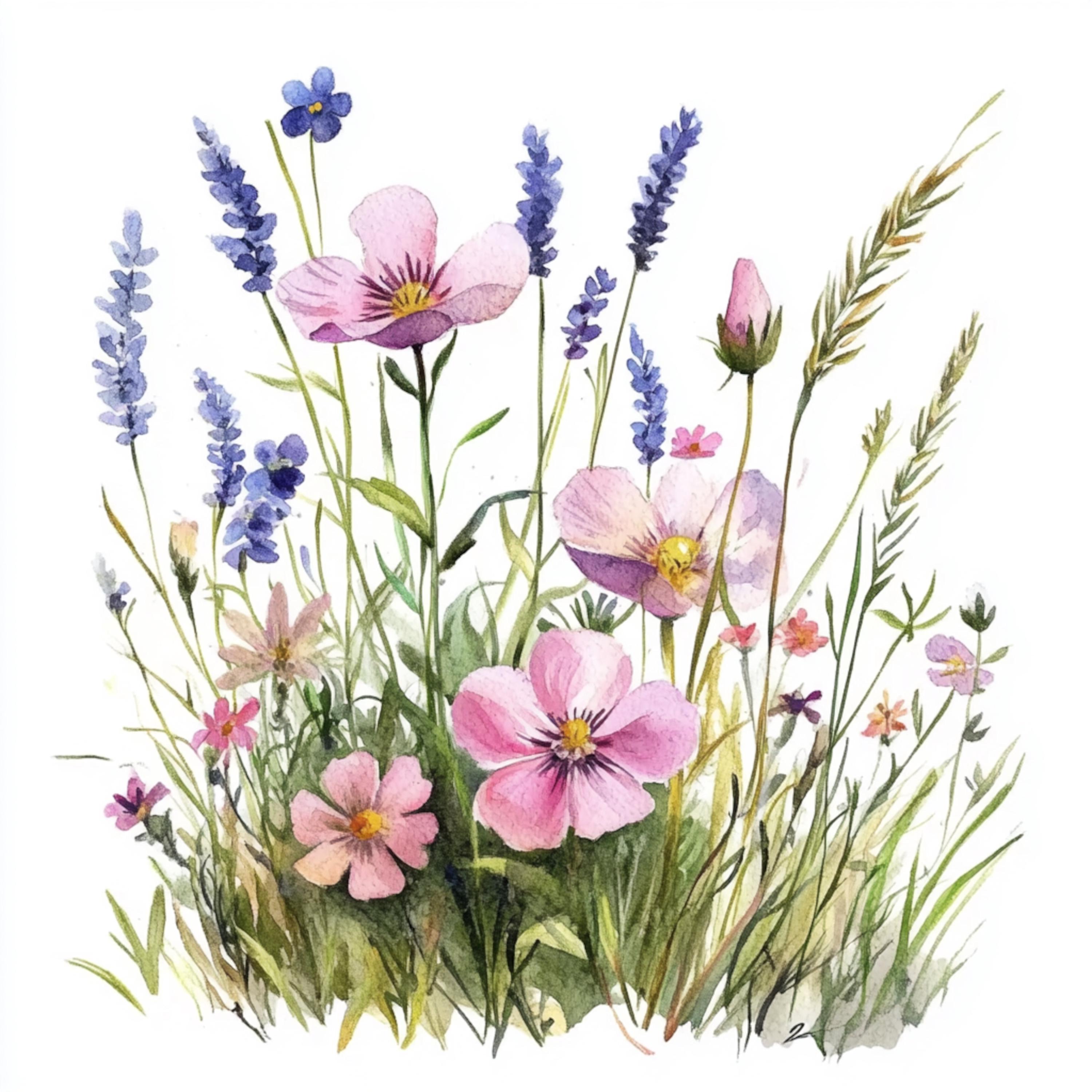 10 Printable Wildflowers, Watercolor Pink Purple Flowers