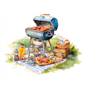May include: Watercolor illustration of a backyard barbecue scene. A blue grill with cooked meat sits on a metal stand. A picnic basket, wooden crate, and various condiments are arranged on a blue and white checkered picnic blanket.