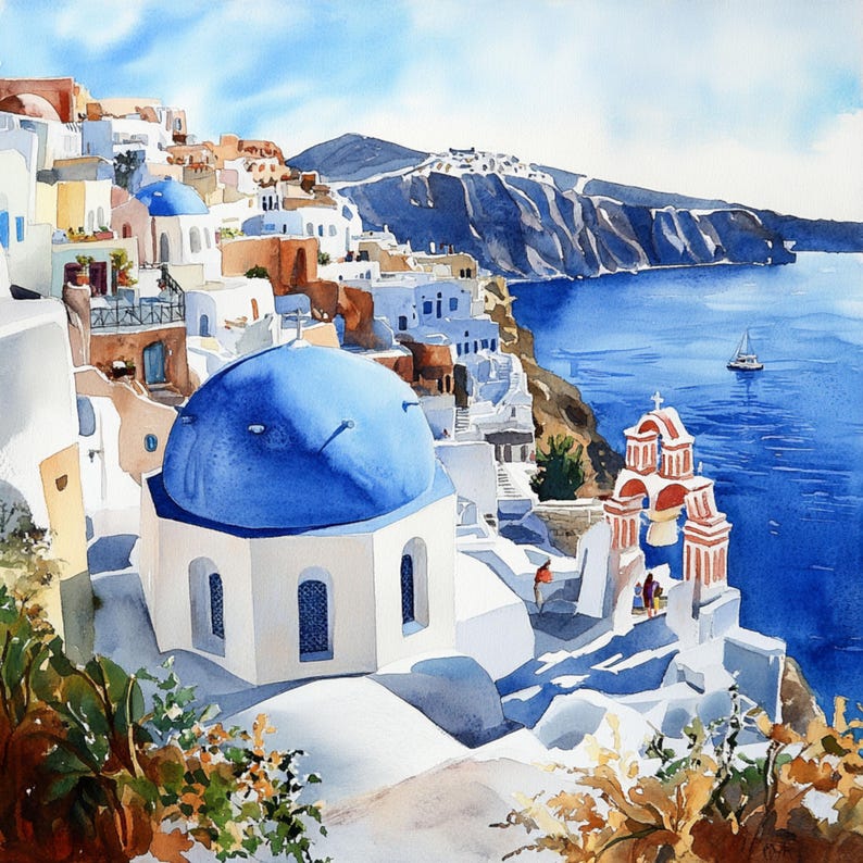 May include: A watercolor painting of a white building with a blue dome, located on a cliff overlooking the ocean. The building is surrounded by other white buildings and a small boat is visible in the water.