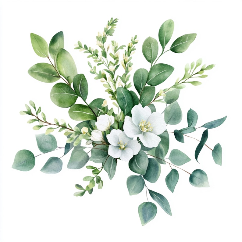 Puede incluir: Pintura acuarela de un ramo de flores blancas y hojas verdes de eucalipto.