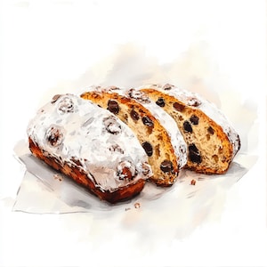 Puede incluir: Primer plano de tres rebanadas de pan dulce con glaseado blanco y chispas de chocolate negro. El pan está sobre una superficie blanca.