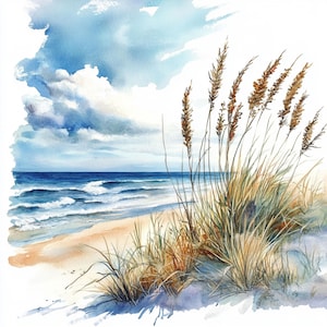 Paesaggio marino stampabile con arte di erba di Pampa, arte ad acquerello, decorazione della costa, 10 Clip Art, pittura della costa dell'oceano, uso commerciale, arte del paesaggio marino