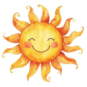 Può includere: Un'illustrazione ad acquerello di un sole sorridente con un viso giallo e raggi arancioni. Il sole ha le guance rosate e un grande sorriso felice.