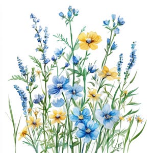 10 fiori di campo stampabili, fiori gialli e blu acquerellati, clipart di fiori di campo, design di fiori di prato in stile cartone animato, design floreale