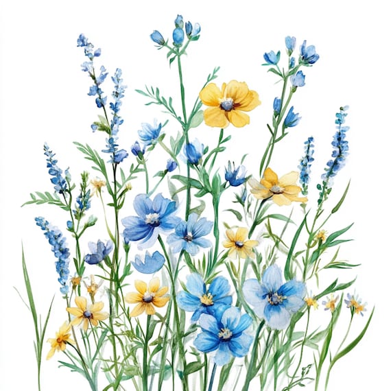 10 Printable Wildflowers, Watercolor Yellow Blue Flowers