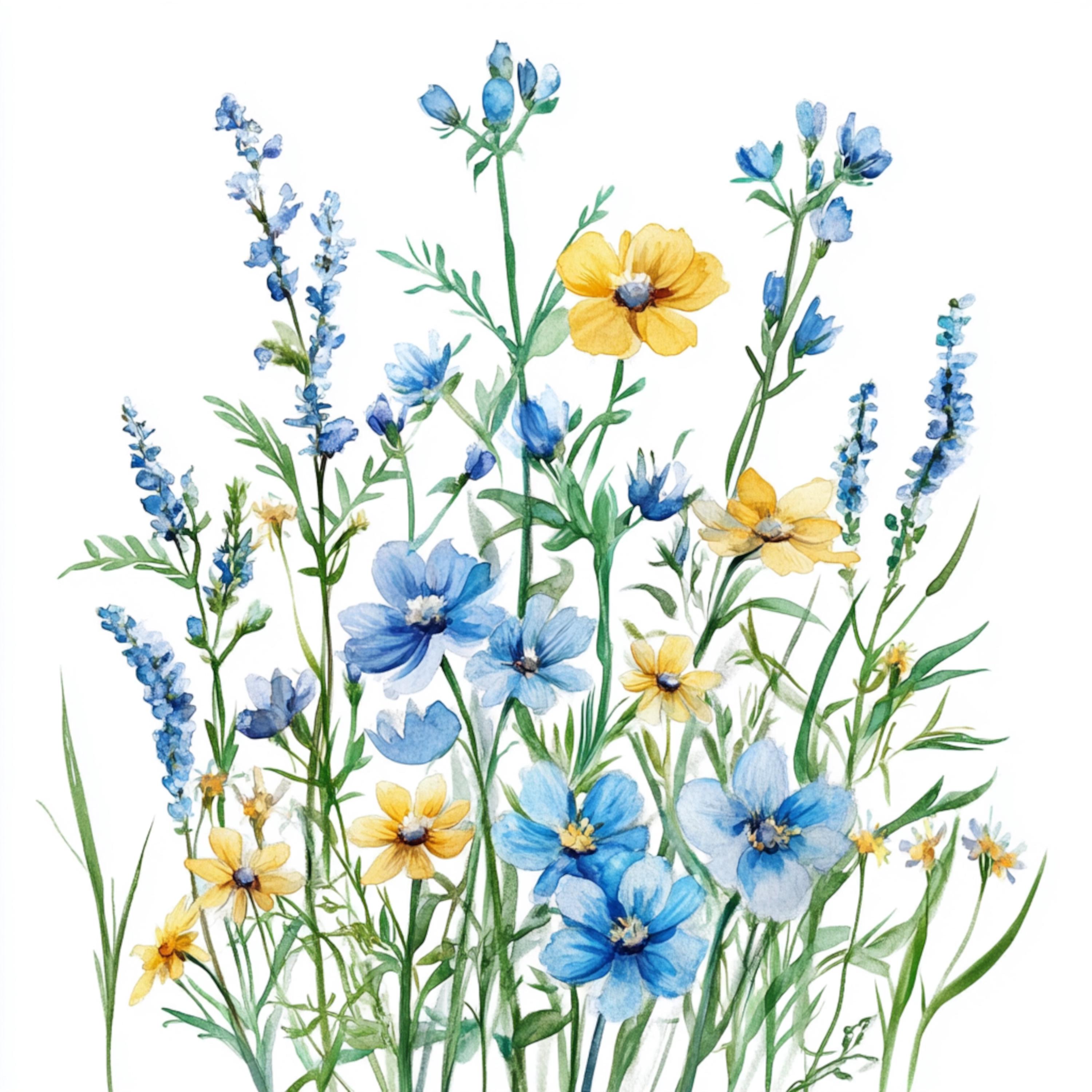 10 Printable Wildflowers, Watercolor Yellow Blue Flowers