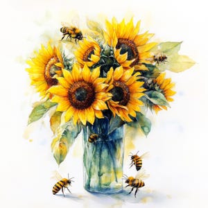 May include: Watercolour painting of a bouquet of sunflowers in a glass vase, with several bees flying around the flowers. The sunflowers are yellow with brown centres, and the bees have black and yellow stripes. The vase is a light blue-green colour.