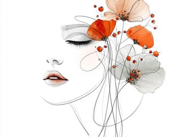 14 Printable  Floral Woman Face Clipart, Colorful Abstract, Delicate Line Art, Minimalist Watercolor,High-Quality JPGs, Commercial Use