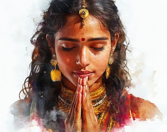 Praying Indian Girl, Indian Woman Faith, beautiful girl clipart, Watercolor clipart, High Quality JPG, Digital download, Indian Girl wallart