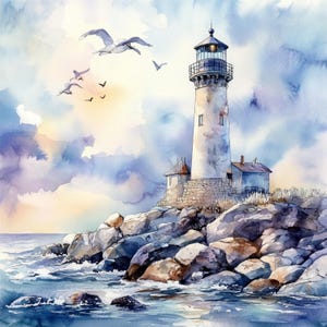 灯台のある印刷可能な海景 10 枚、灯台の水彩画クリップ アート、海岸の絵画、商用利用、海景アート、灯台のプリント