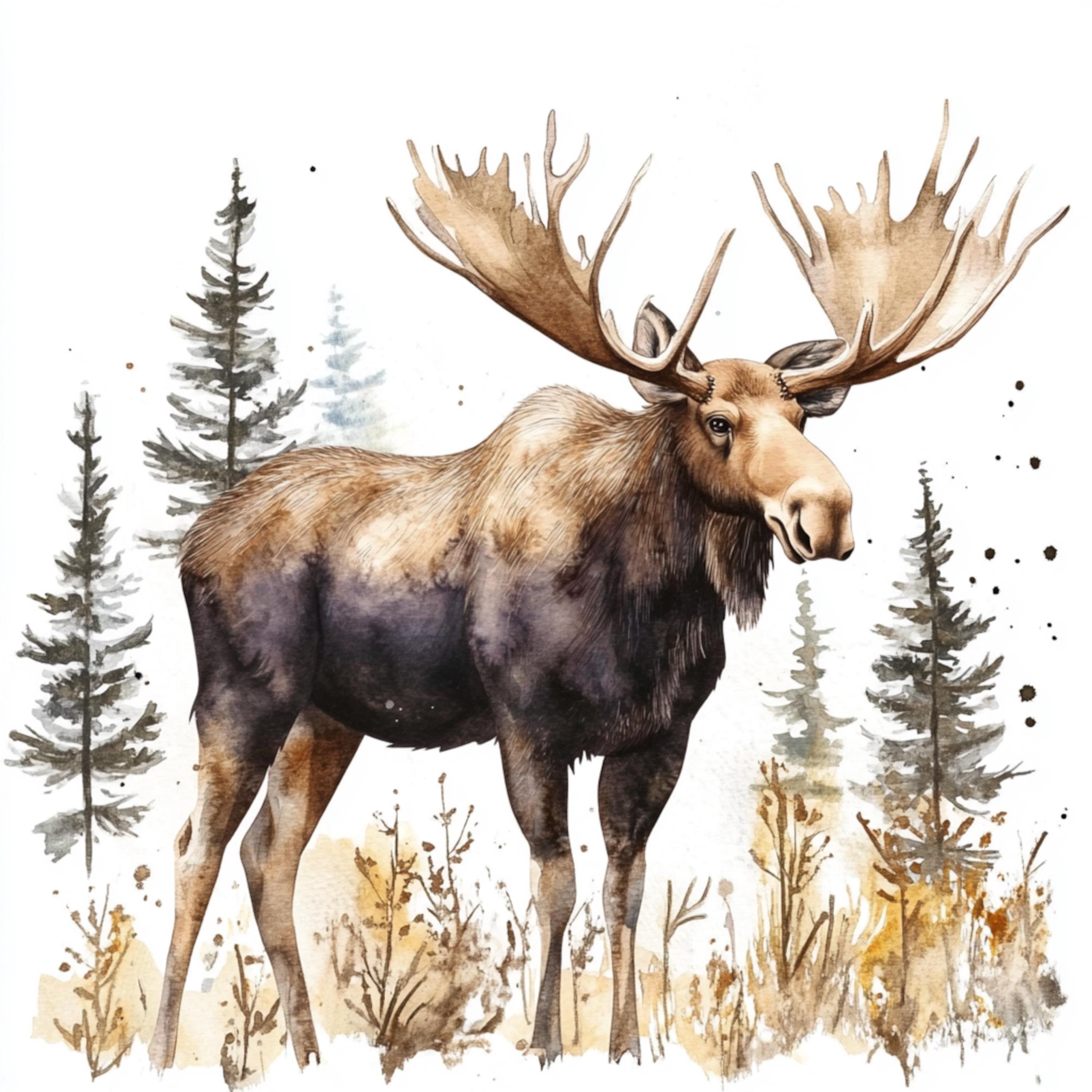 10 Printable Moose in Forest Landscape Art, Moose Card, Watercolor ...