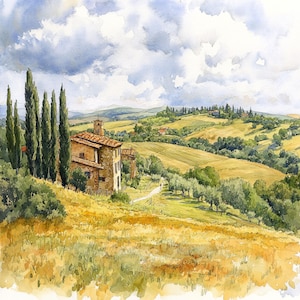 10 utskrivbara Toscana Italien landskap, Toscana konst, Gröna italienska kullar, Akvarell Clip Art, Utskrivbar JPG, Kommersiell, Italien landskapskonst
