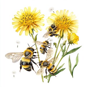 Può includere: Illustrazione ad acquerello di api e fiori gialli. Quattro api con strisce nere e gialle sono raffigurate vicino a fiori giallo brillante con steli e foglie verdi. Semi di tarassaco fluttuano sullo sfondo, il tutto su uno sfondo bianco.