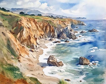 印刷可能な北カリフォルニア海岸の風景画10点、海岸の風景画、水彩