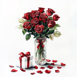 Bouquet de roses rouges, roses dans un vase, clipart aquarelle, fichiers JPG imprimables, carte-cadeau DIY, création en papier, décoration pour célébrer