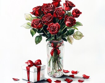 Bouquet de roses rouges, roses dans un vase, clipart aquarelle, fichiers JPG imprimables, carte-cadeau DIY, création en papier, décoration pour célébrer