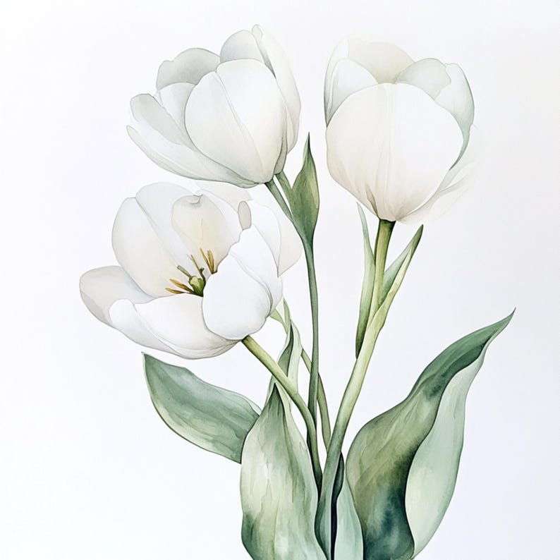 Puede incluir: Una pintura de acuarela de tres tulipanes blancos con tallos y hojas verdes.