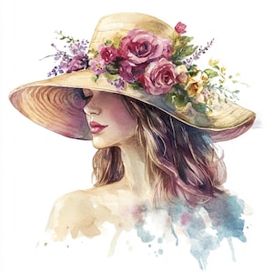 9 donne con cappello floreale stampabili, clipart acquerello, JPG di alta qualità, cappello decorato con fiori, cappello estivo con fiori, donna estiva con cappello