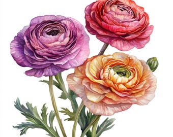 10 印刷可能なピンクのラナンキュラスの花の装飾、水彩画の