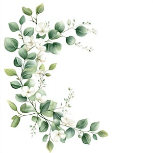 Puede incluir: Ilustraci&oacute;n acuarela de una rama verde con hojas y flores blancas. La rama est&aacute; curvada y tiene un aspecto delicado y rom&aacute;ntico.